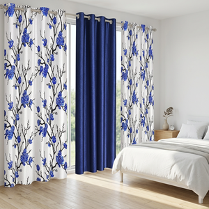 Modern Floral Printed <b>Curtains</b> Panel Blue White Grommet Blackout Window Drapes for Bedroom Full <b>Light</b> Shading - Product Image 1