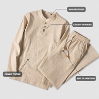 Ensemble de survêtement deux pièces beige personnalisé pour homme, en coton et lin de haute qualité, avec col froissé, manches longues boutonnées, coupe ample, idéal pour l'automne et les tenues décontractées.