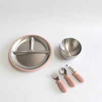 Lot de 3 bols pour enfants en acier inoxydable de qualité alimentaire avec couvercle en silicone, ensemble de couverts pour tout-petits, plat réutilisable pour la diversification alimentaire des bébés