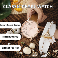 Ensemble de bijoux montre à quartz pour femme Source Factory, cadran papillon en cristal or rose, bracelet en cuir blanc, bracelet papillon en perles