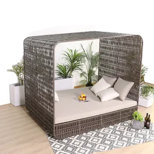 Gölgelik hasır açık güneş salonu daybed ile Rattan güneş yatağı yüksek kaliteli açık tatil mobilya