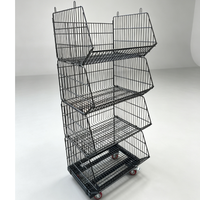 Étagère mobile empilable inclinée pour bacs à déchets avec roulettes, présentoir en fil métallique