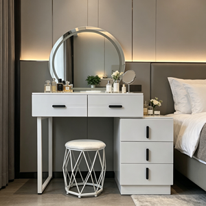 Modern <b>Makeup</b> Vanity <b>With</b> Oval <b>Mirror</b> Storage Drawers Bedroom Dressing Table <b>With</b> Stool - Product Image 4