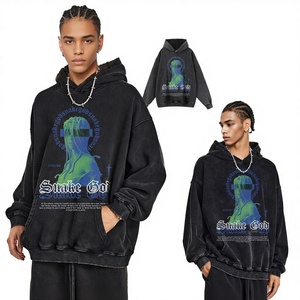 2025 Retro Chic Distressed Printed Washed Hooded Sweatshirt 420g Cotton Loose Streetwear Couple Hip-Hop Character <b>Print</b> Men's - Product Image 1