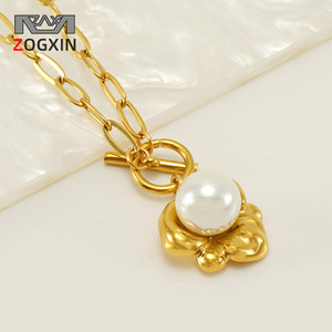 Zogxin Pearl Necklace Gold Plated Flower Pendant Clavicle Chain For Women Everyday Wear - Product Image 1