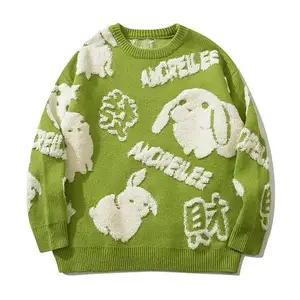 Women's Drop Shoulder Knitting Sweater With Rabbit Letter Pattern Girls Knitwear