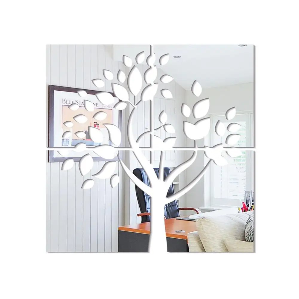 Large tree with many leaves removable mirror 3D acrylic wall sticker for sitting room TV setting decor wall decal