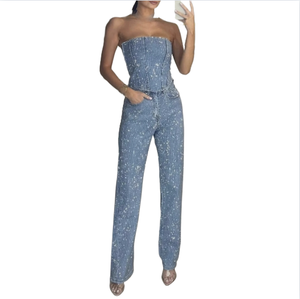 Elegante Completo Estivo da <span class=keywords><strong>Donna</strong></span> Lunghezza al Ginocchio con Top Lucido Senza Spalle e <span class=keywords><strong>Pantaloni</strong></span> con Diamanti per il Mercato Europeo e Americano - Product Image 1