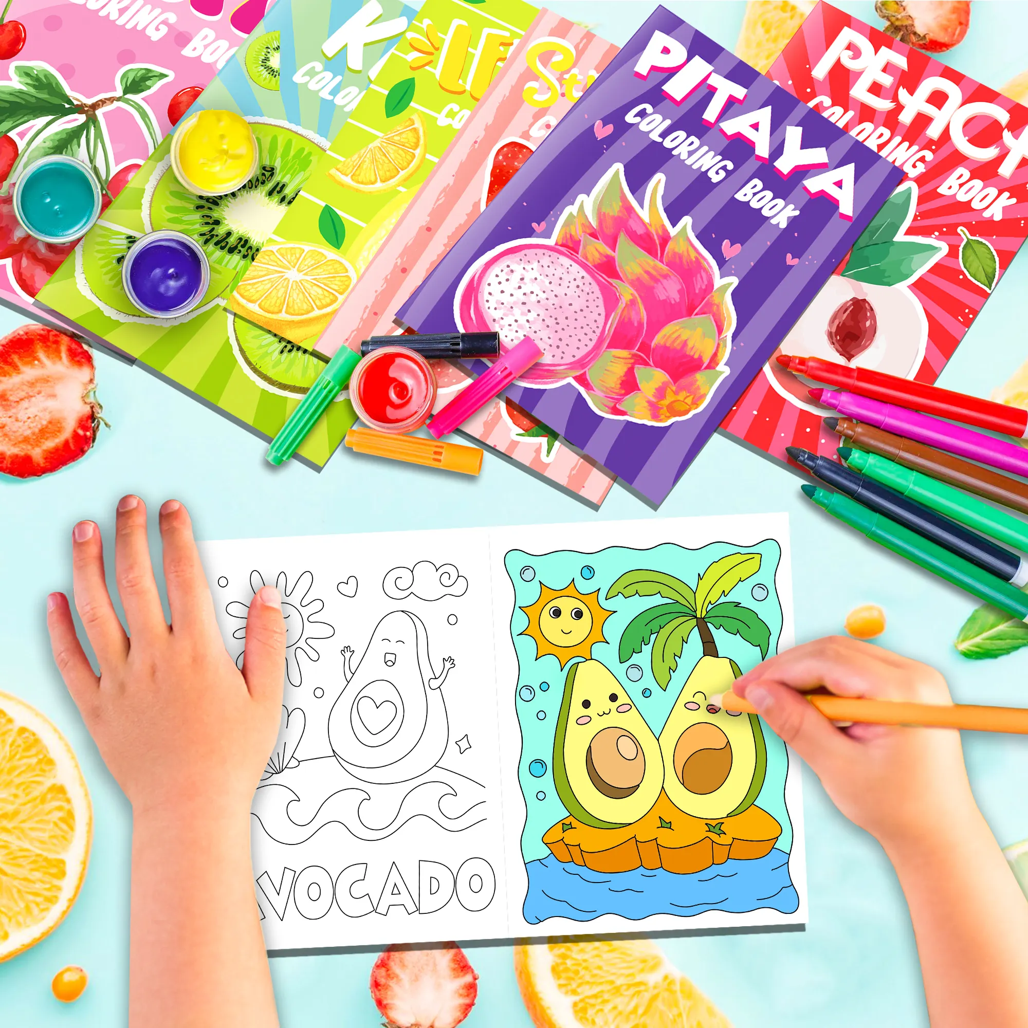 Livro de desenho para crianças, livro de desenho DIY para festas de verão, limão e morango, atividades escolares e preenchimentos para colorir
