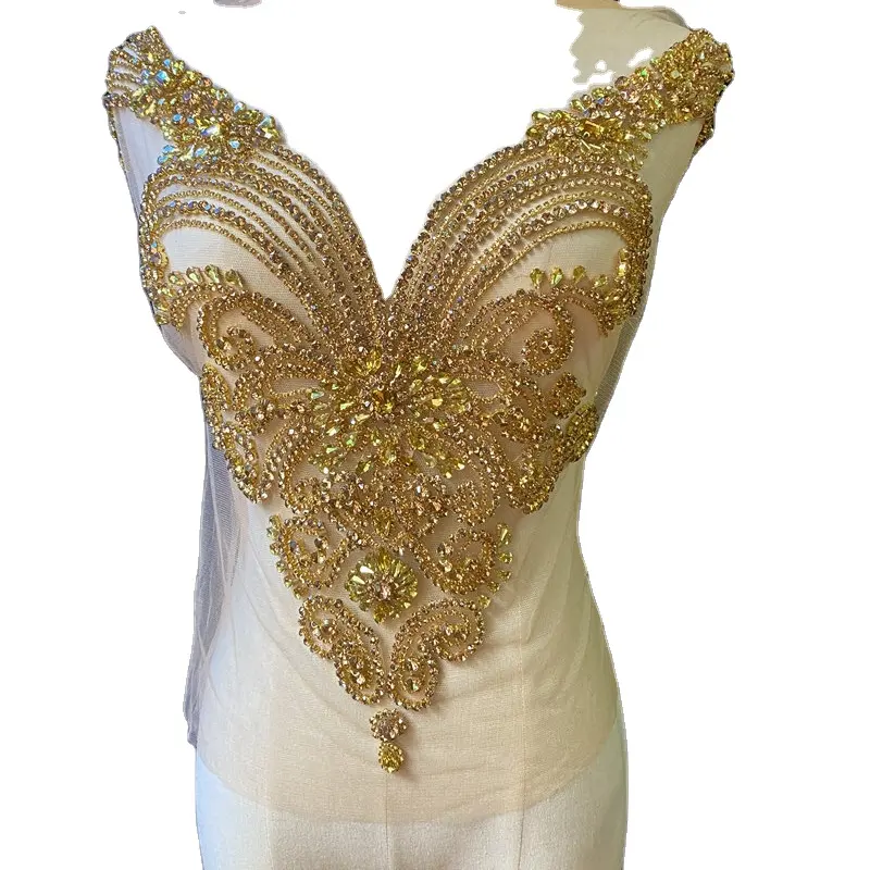 RTS lisami tasarım moda lüks el yapımı taklidi beaned kristal düğün parti elbise dekorasyon fringe ve püskül yama