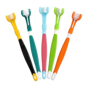 Wholesale 2 in 1 pet dental care <b>Cleaning</b> Three Heads Durable & Soft 3d pet toothbrush for cat dogs - Product Image 1