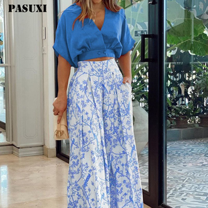 PASUXI 2025 Completo da <span class=keywords><strong>Donna</strong></span> Due Pezzi Saldi Novità Camicia Stampata Casual Sciolta con Risvolto e Pantaloni a Gamba Larga a Vita Alta - Product Image 1