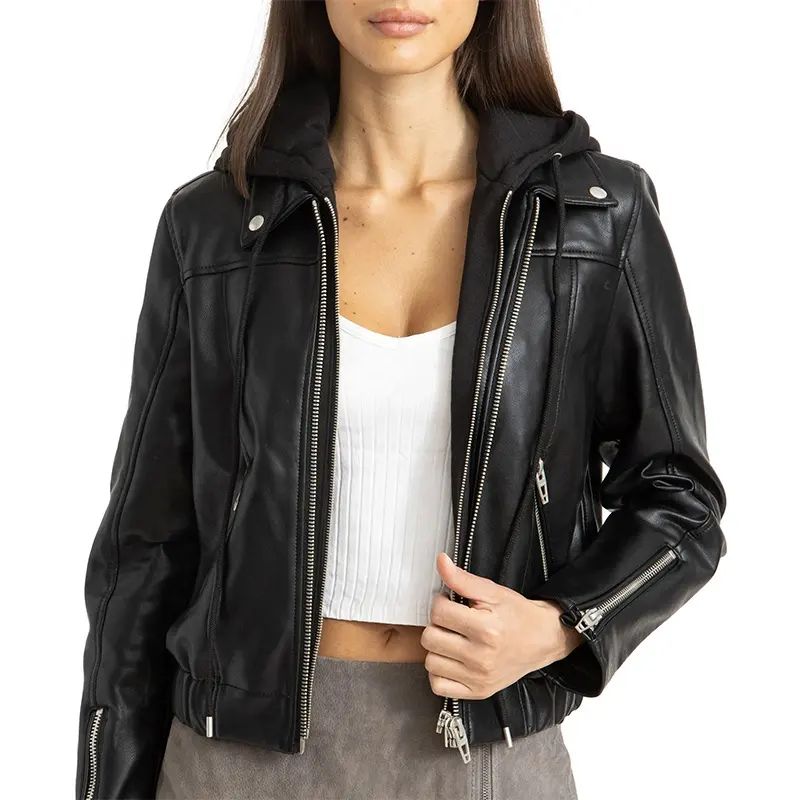 New Design Zipper PU Jackets for Women 2021 Women Leather Jacket with Hoodie Winter Jacket Woman