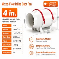 Ventilateur d'extraction en ligne à flux mixte 220V 4 pouces, en plastique PP, faible bruit, haut débit d'air, avec connecteur de conduit 100mm
