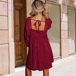 Abito Lungo Loveda da Donna in <span class=keywords><strong>Velluto</strong></span> Tinta Unita con Scollo Quadrato e Vita Alta, <span class=keywords><strong>Maniche</strong></span> <span class=keywords><strong>Lunghe</strong></span>, Stile Casual - Product Image 2