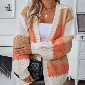 <span class=keywords><strong>Cardigan</strong></span> en tricot de luxe pour femme, à rayures, à manches longues, à blocs de couleurs, texturé, chaud, à ouverture frontale, vente en gros - Product Image 1