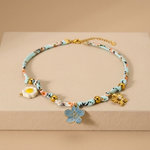 Collar <span class=keywords><strong>de</strong></span> Mujer Estilo Bohemio Fatingna, Tela y Seda <span class=keywords><strong>con</strong></span> Acero Inoxidable, Cerámica, Circonita Cúbica, Flor Azul, Collar Moderno - Product Image 4