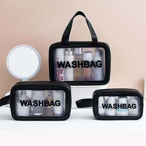 Trousse de toilette en PU avec fermeture éclair, fenêtre transparente, style minimaliste noir, poignée souple, résistante à l'eau, grande capacité pour le voyage - Product Image 1