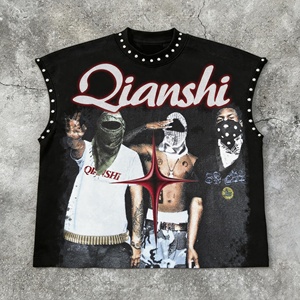 Débardeurs Homme 100% Coton Personnalisés avec Strass, T-shirts Graphiques Streetwear, T-shirts Sans Manches Surdimensionnés et Épais – Vente en Gros - Product Image 1