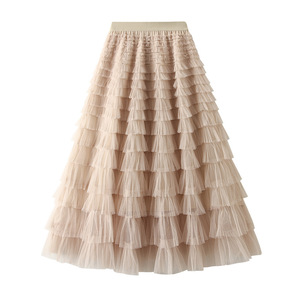 Falda de malla plisada larga para mujer, estilo hada, de gasa blanca, nueva colección primavera-otoño - Product Image 3