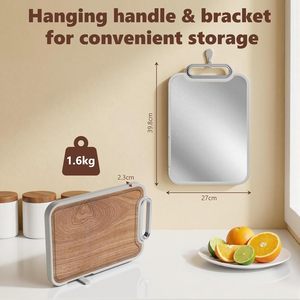 Planche à découper double face 2 en 1 en acier inoxydable et bois d'ébène avec poignée et support pour cuisine, facile à nettoyer et à ranger - Product Image 3