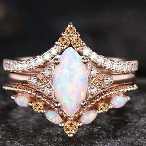yunnique Opal <b>Ring</b> Set Rose Gold Three Piece Women's Fashion Jewelry Party Wings Design Geometric Shape Inlaid Marquise <b>Stone</b> - Product Image 2