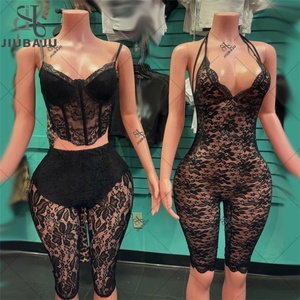 Tuta Sexy senza schienale in pizzo da <span class=keywords><strong>donna</strong></span> in pizzo sottile <span class=keywords><strong>canotta</strong></span> e pantaloncini set due pezzi - Product Image 2