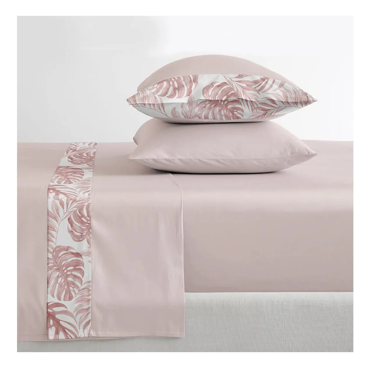 New arrival microfiber print tropical palm leaves luxury traditional 4 pc king size white bed sheet and pillow case set