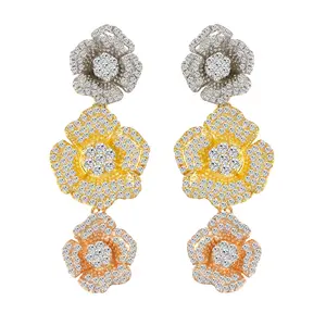 3 Tone Gold Plated Cubic Zircon Micro Paved Flower Drop Earrings Women Wedding Earrings for Brides Bridesmaid Party Jewelry Gift