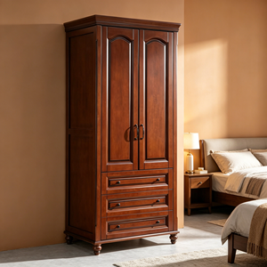 Armario Espacioso de Madera Maciza con Cajones, Armario de Almacenamiento Vintage de 2 Puertas, Armario para Ropa con Acabado en Nogal para Apartamento - Product Image 1