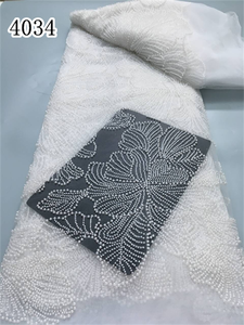 Tessuto di Lusso 4034 di Alta Qualità, Pizzo 3D con Perle per Abiti da Cerimonia Asoebi Aso Oke, Tessuto Francese per Abiti da Donna, Bianco, per Cucire, per Compleanni, Spedizione Mondiale - Product Image 6