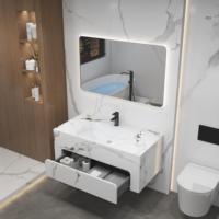Ensemble de meuble-lavabo de salle de bain personnalisé de 32 pouces, blanc, flottant, à motif marbre, avec un seul tiroir, en dalle de pierre, et miroir décoratif, pour projet hôtelier