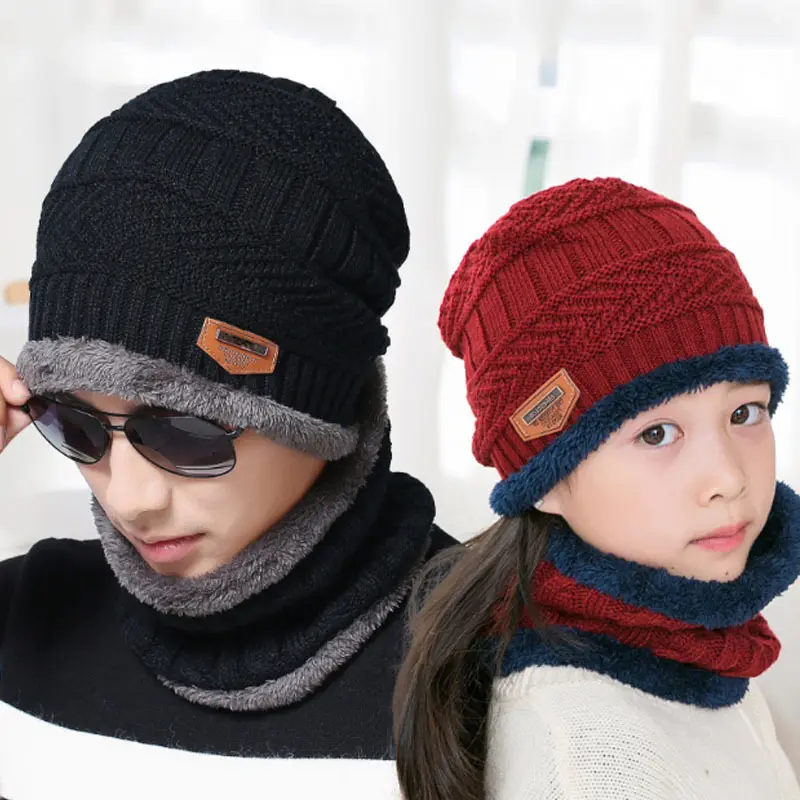 Cappelli invernali Beanie per uomo donna bambini con sciarpa foderata in pile spesso Set cappello lavorato a maglia caldo berretto teschio scaldacollo cappello invernale