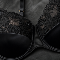 Ensemble soutien-gorge push-up et string en dentelle à décolleté plongeant en obsidienne pour femme, noir, en Spandex/Nylon, avec broderie haute couture et détail taille élégant pour rendez-vous