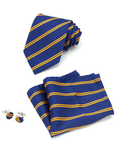 Cravate en soie de 8,5 cm de large, bleu royal, à rayures dorées, ensemble avec pochette et boutons de manchette pour homme - Product Image 2