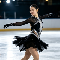 Robe de patinage artistique noire et argentée avec strass, manches longues, en maille, pour enfants et adultes, tenue de compétition sur glace