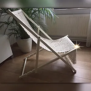 Boho tarzı makrome taşınabilir plaj sandalyesi pamuk ipi el dokuma ahşap katlanabilir DIY güverte sling sandalye püsküller ile