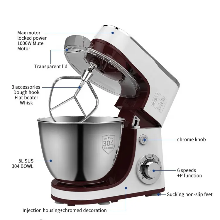 Electric Powder and Food Hand Mixer with Bowl Hot Sale 6 Speeds Dough Stand Mixer 5L 1000W Planetary Food Processor