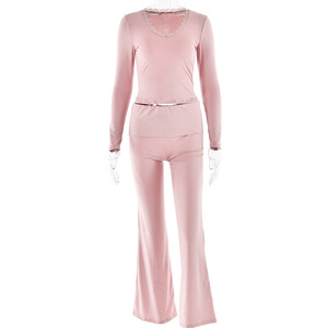 Conjunto de Top Corto con Cuello en V de Color Sólido para Mujer con Pantalones Largos, Ropa Casual de Punto de Manga Larga para Mujer - Product Image 5