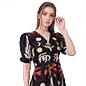 Vestido Midi Orica Vintage de Moda, Negro, con Estampado Delta, Cuello Cuadrado, Elástico, Floral, Sólido, Elegante, Casual, para Mujer - Product Image 1