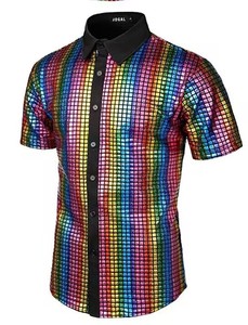 Chemise <span class=keywords><strong>polo</strong></span> à manches courtes pour homme, style hipster, or métallisé, boutonnée, costume <span class=keywords><strong>disco</strong></span> des années 70, haut pour fête d'Halloween - Product Image 2