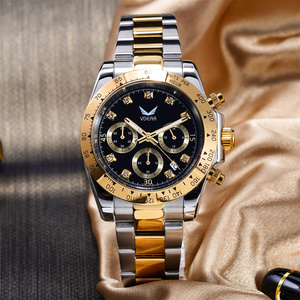 Montre à quartz chronographe de luxe personnalisée <span class=keywords><strong>50m</strong></span> étanche à trois yeux pour hommes 316 montre en acier inoxydable avec diamant en cuir et verre - Product Image 1