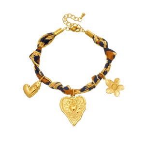 Fashionable Retro Printed Leopard Ribbon Knotted Rope Chain Gold Plated Heart <b>Flower</b> Pendant Stainless Steel <b>Bracelet</b> - Product Image 5
