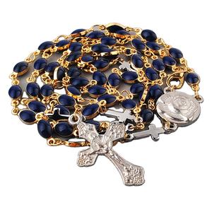 Mini connettore croce medaglia e blu scuro 14K oro reale placcato perline con catena di rame rosario Catholic collane per regali - Product Image 4