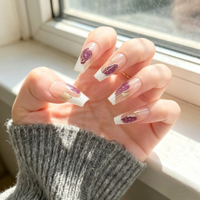 Faux ongles à presser réutilisables en ABS, couleur violette, style French V, couvrance totale, design ballerine long, 24 pièces, pour salon de manucure, vente en gros