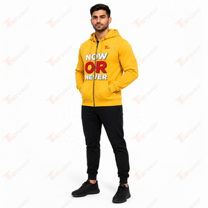 <b>Men's</b> <b>Yellow</b> Zip-Up <b>Hoodie</b> Now Or Never Printed Fleece Casual Sweatshirt Regular Fit Hooded Long Sleeve Zipper Hoodies - Product Image 2