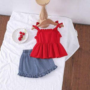 I vestiti per bambini indossano <span class=keywords><strong>pantaloncini</strong></span> con volant in Denim rosso senza maniche 2 pezzi set di abbigliamento per neonata - Product Image 2