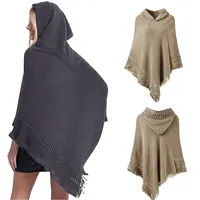 Pull d'hiver surdimensionné RTS pour femmes, couleur unie, poncho à capuche en tricot, cape en crochet, franges, châle enveloppant en cachemire