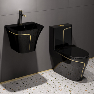 WC monobloc de luxe en céramique avec ligne dorée, noir, à double chasse, design moderne, pour salle de bain, toilettes colorées avec lavabo - Product Image 4