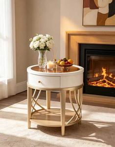 White & Gold Round End <b>Table</b> with <b>Drawer</b> and Shelf Modern Living Room Accent <b>Side</b> <b>Table</b> - Product Image 6